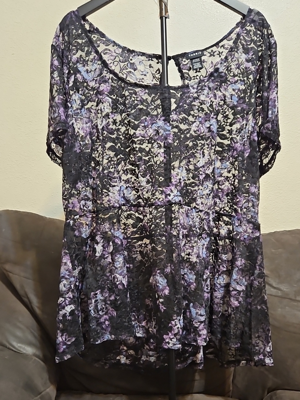 torrid Black Lace Peplum Tunic with Purple Floral Print